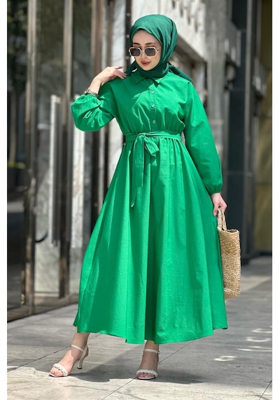 Sevitli Yakalı Mevlana Kadın Elbise Benetton Yeşili 2266 Yeşil
