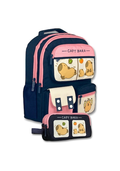 Capybara Lacivert - Pembe Kız Çocuk Çok Cepli İlkokul Çantası Ve Kalemlik Seti - Setcpb6212c Çok Renkli