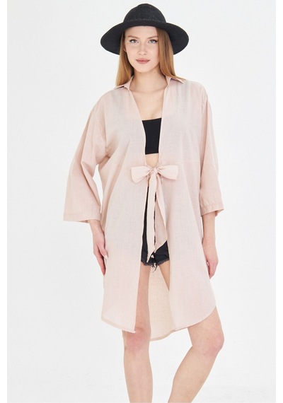 Armonika Kadın Bej Önden Bağlamalı İnce Keten Kumaş Midi Boy Kimono Gömlek Arm-24y001081