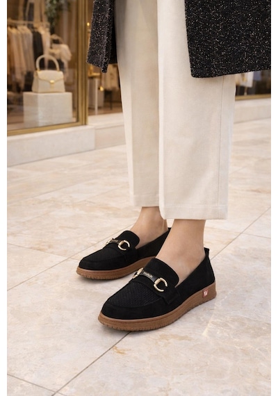 Modaonn Kadın Süet Tokalı Loafer Siyah