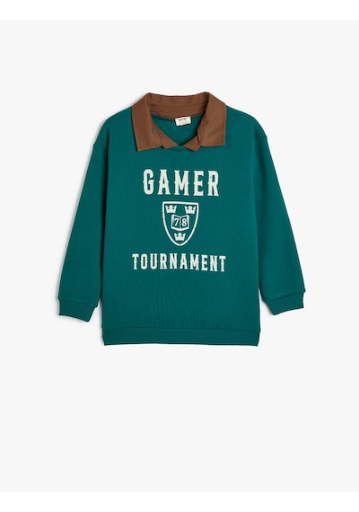 Koton Gömlek Yaka Sweatshirt Baskı Detaylı Uzun Kollu Yeşil 5wkb10403tk Yeşil