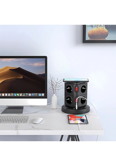 Akım Korumalı 2.4a Kule Priz Kablosuz Şarj İstasyonu 8x Soket 2x Usb Wireless Kablolu Priz Çoğaltıcı