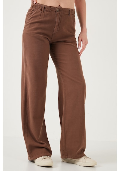 Lela Pamuklu Standart Fit Yüksek Bel Geniş Paça Bayan Pantolon 668Yp5193 Kahve