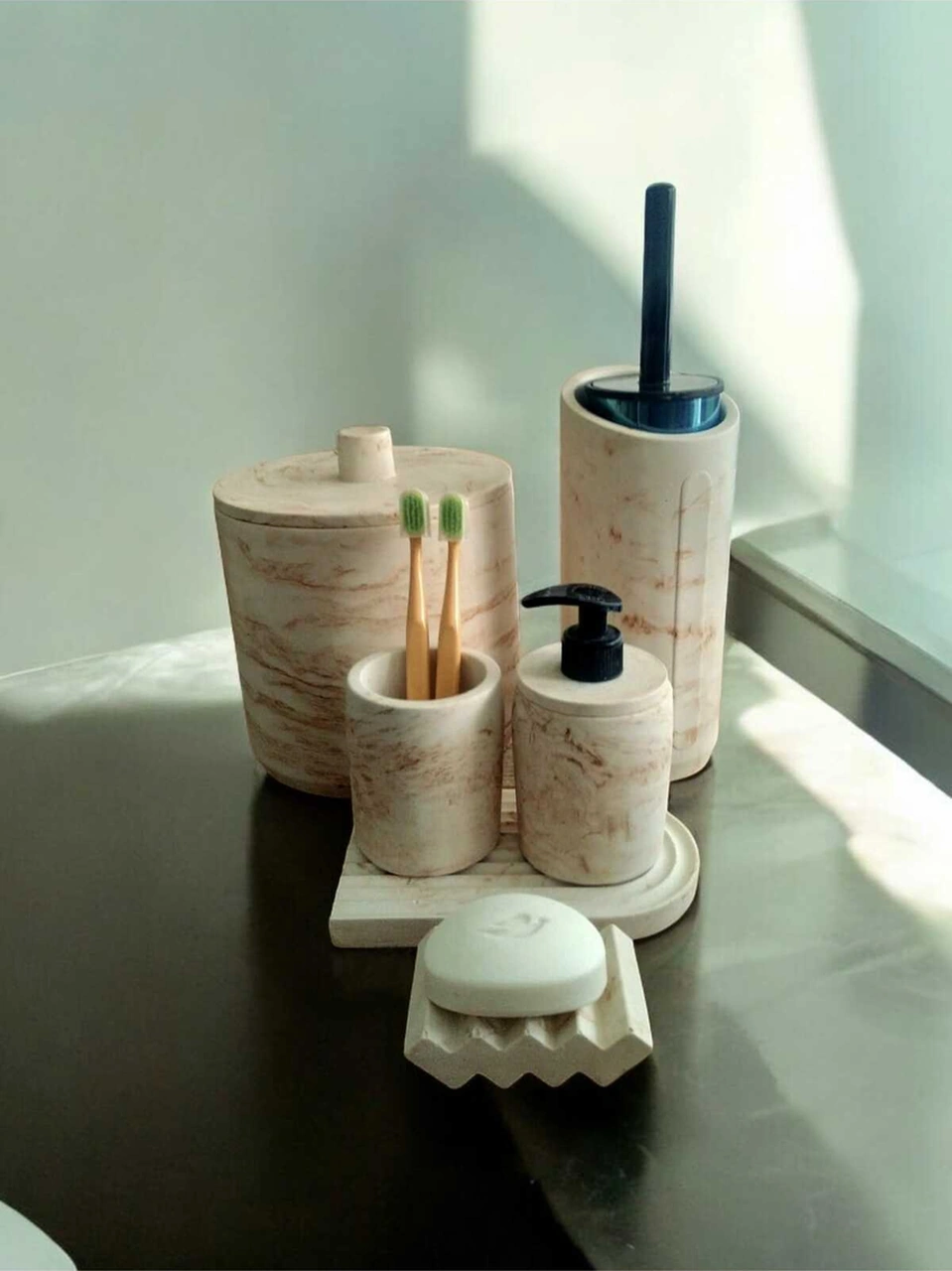 Mermer Serisi Kahve Bej Beton Banyo Seti,çöp Kovasi,tuvalet Fırçası Takim Bej