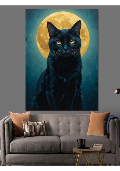 Ahşap Tablo Dolunay Altındaki Kara Kedi Çocuk Odası Tabloları