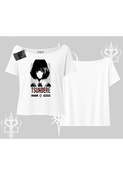 Tarzsokak Kayık Yaka Tshirt Tsundere Anime Japanese Style Baskılı Beyaz