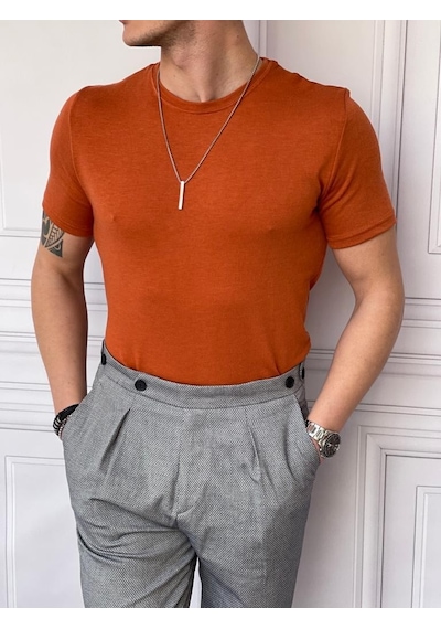 Modefendi Slim Fit Pamuk Triko Kumaş Tshırt Kiremit