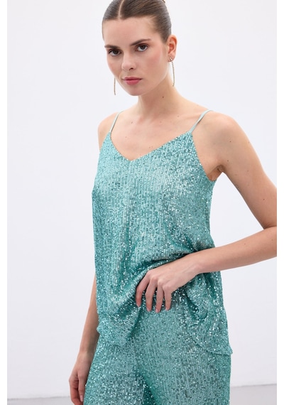 Sateen Payet Detaylı Askılı Bluz - Mint-136546 Mint