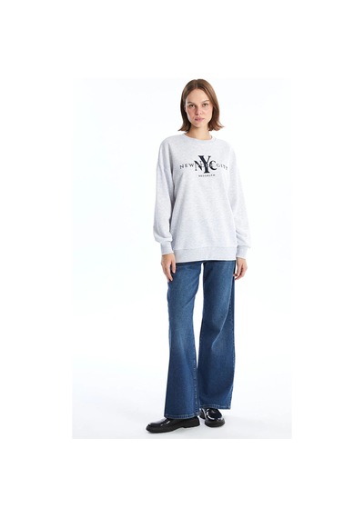 LC Waikiki Lcw Bisiklet Yaka Baskılı Oversize Kadın Sweatshirt Grimelanj