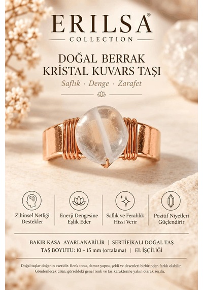 Sertifikalı Doğal Berrak Kristal Kuvars Taşı Yüzük Bakır Kasa Aya Çok renkli
