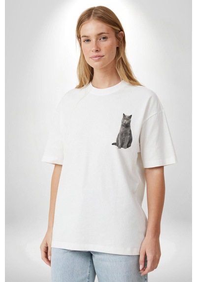 Safari Kedi Şal Eşarp Beyaz Oversize Unisex Ön Ve Sırt Baskılı Tişört Beyaz