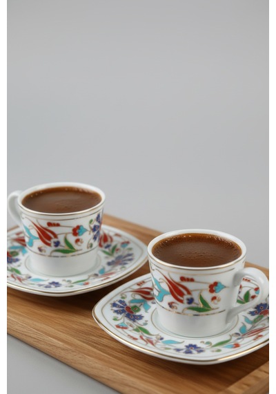 2'li Yan Lale Desenli Kare Porselen Kahve Fincan Takımı Beyaz