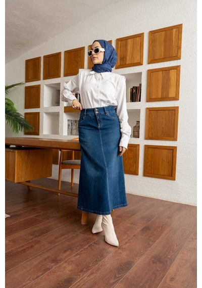 Neways 2254-denim Klasik Etek Koyu Mavi Koyu Mavi