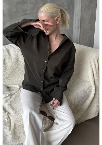Madmext Haki Kırışık Desen Kadın Gömlek Mg2313 Haki