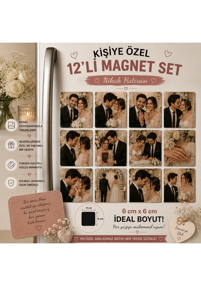 12'li Kare Fotoğraf Magneti Nikâha Kişiselleştirilebilir Evlilik Anısı Hediye Seti