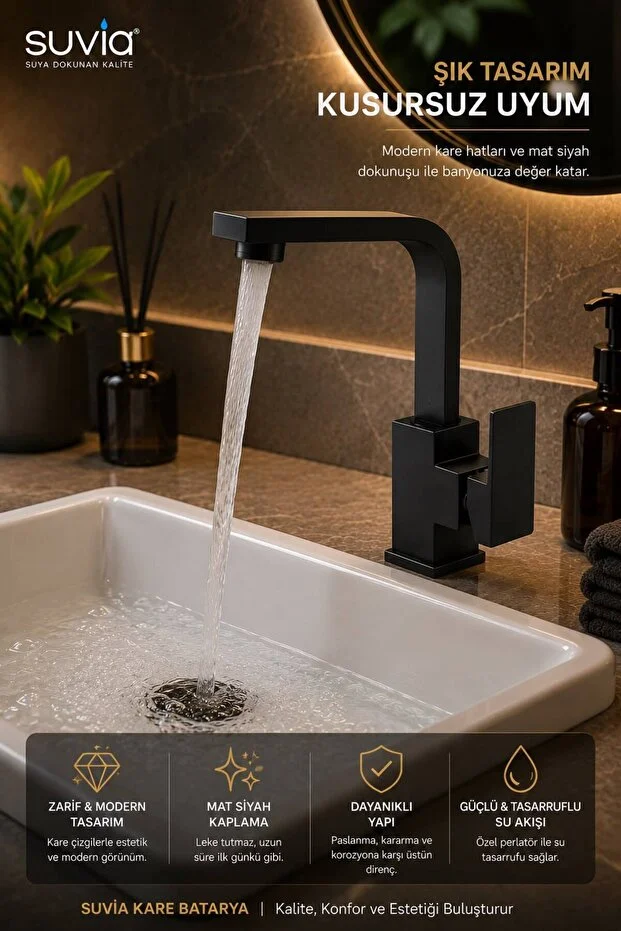 Lavabo Bataryası Siyah Kare 360 Döner Borulu Banyo Musluğu Pirinç Gövde