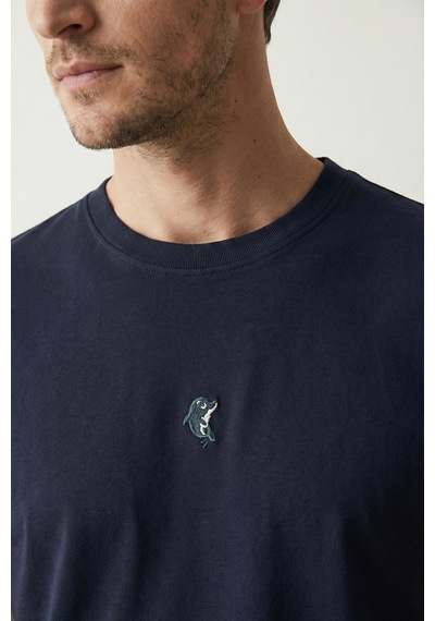 Elemge Pamuk Compact Penye Süprem Yunus Nakışlı Trend Fit Erkek Tok Kumaş T-shirt Rahat Kesim Lacivert 2XL