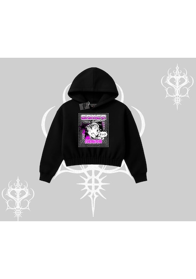 Startmore Kapşonlu Crop Sweatshirt Games Schoolgirl Anime Baskılı Siyah