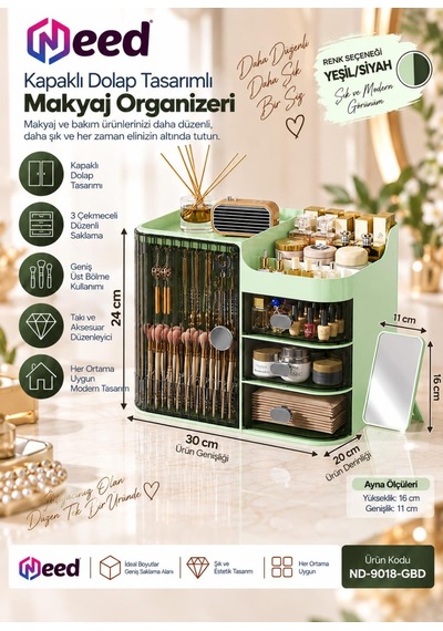 Need Kapaklı Dolap Tasarımlı 3 Çekmeceli Makyaj Organizeri Ve Takı Düzenleyici Yeşil/siyah Nd-9018-gbd