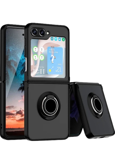 Samsung Galaxy Z Flip 7 FE Uyumlu Kılıf Yüzüklü Standlı Extra Koruma Sert Silikon Kapak -Siyah