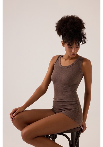 Los Ojos X Ece Kahverengi Modal Kumaşlı Askılı Şortlu Pijama Takımı Ribbed Pj3 Kahverengi Kahverengi