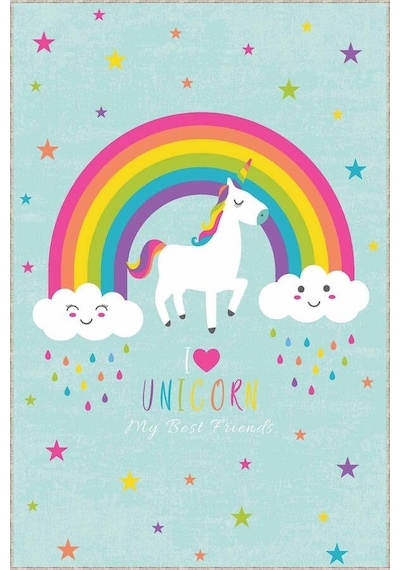 Mavi Kaymaz Tabanlı Yıkanabilir Unicorn Çocuk Halısı Ar752n11