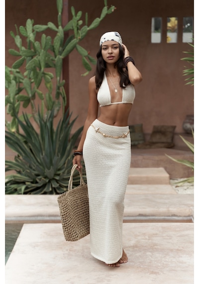 Mai Collection Mai Studios Co. Pangestu Üçgen Bej Crop Etek Triko Takım Bej