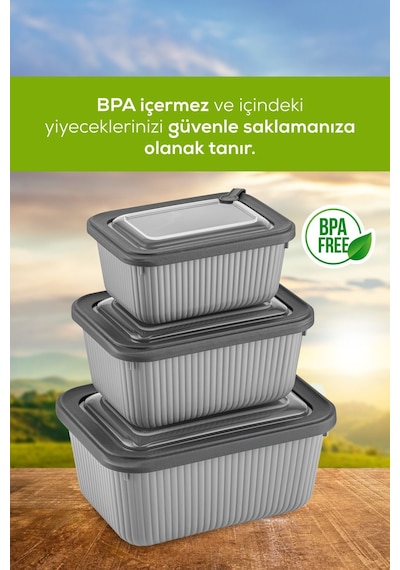 Vienev 3'lü Vip Dikdörtgen Mikrodalga Ve Difrize Uygun Saklama Kabı Seti Gri 1x 1750,1050,600 Ml Antrasit