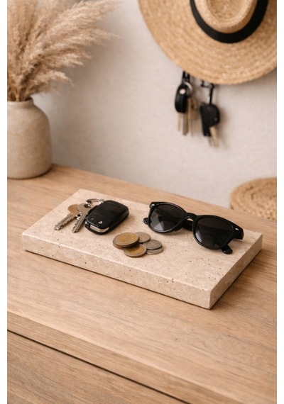 Traverten Mermer Anahtar Tabağı 12x25 Cm Dekoratif Antre Anahtarlık Ve Masa Üstü Organizer