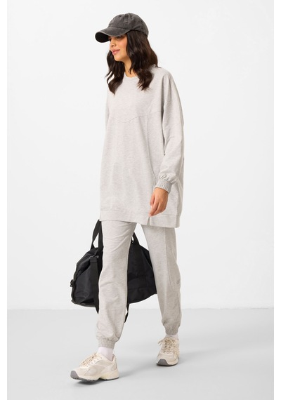Gri Melanj O Yaka Basic Oversize Kadın Eşofman Tunik Takım - 95347 Gri Melanj