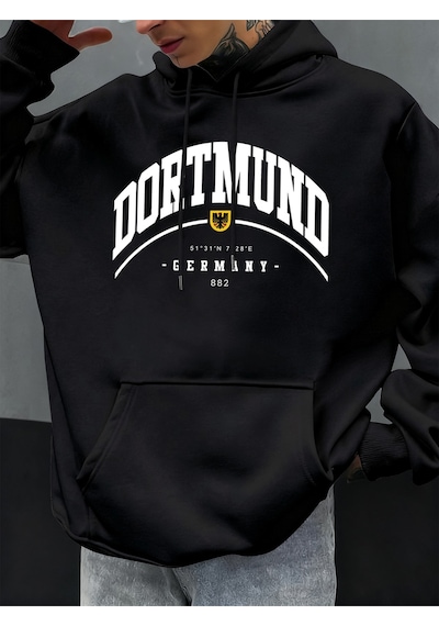 Startmore Startmoredortmund Almanya Mektup Desen Sonbahar Hoody Erkekler Rahat Büyük Boy Kapüşonlular Moda Polar Siyah