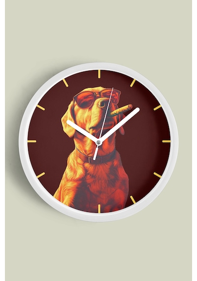Cool Golden Köpek Tasarım Modern Duvar Saati - 30cm - Önü Camlı Beyaz Kasa - Sessiz Mekanizma Beyaz