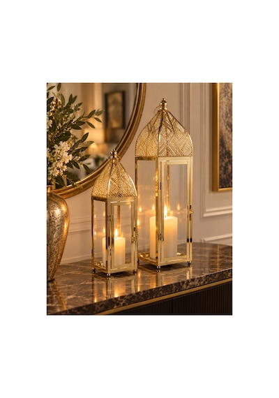 Sleep Nova Gold Metal Camlı Dekoratif Fener 2 Li Set Altın