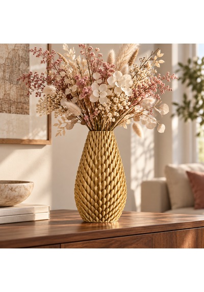 Kabartma Desenli Dekoratif Vazo 20 Cm Modern Tasarım Altın