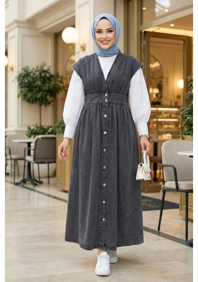 Hb Harma Time Butik Kadın V Yaka Düğmeli Kot Siyah Jile Siyah Siyah