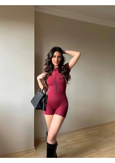 Bordo Fermuarlı Şort Tulum Bordo
