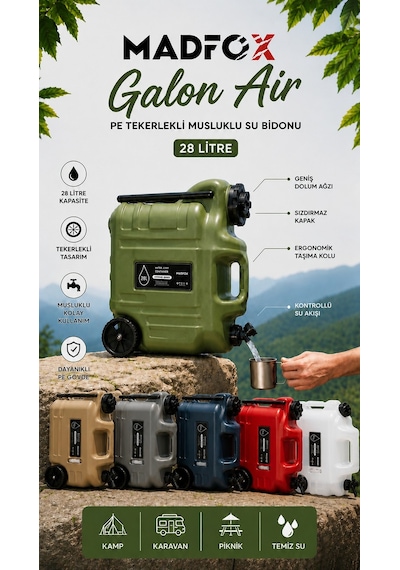 Madfox Galon Air Pe Tekerlekli Musluklu Su Bidonu 28 Litre