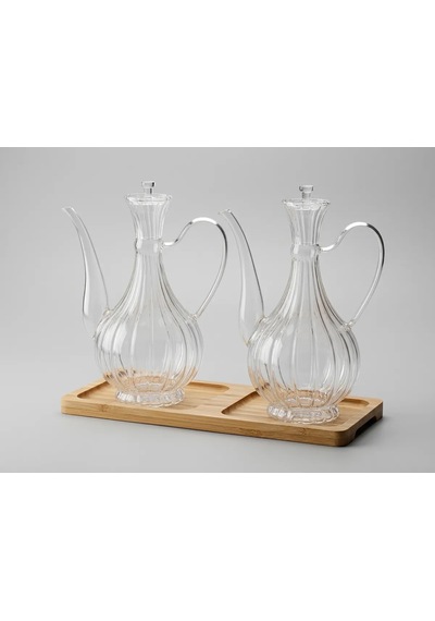 2li Cam Yağdanlık 750ml+750 Ml Glory Çizgili Bambu Stantlı Borosilikat Sirkelik El Üretimi Yağ, Sirke Ve Sos Şişesi Ç Şeffaf