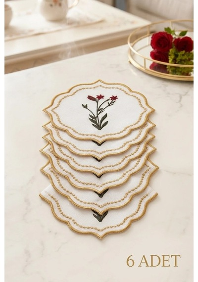 6 Adet Nakışlı Kahve Yanı Sunumluk Kokteyl Peçetesi & Bardak Altlığı Gold Kenar Çiçek Desen Standart