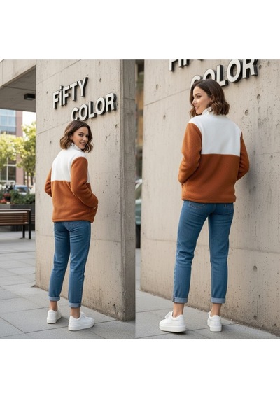 Kadın Yarım Fermuarlı Peluş Sweatshirt Rahat Ve Sıcak Kışlık Üst Kazak Tarçın