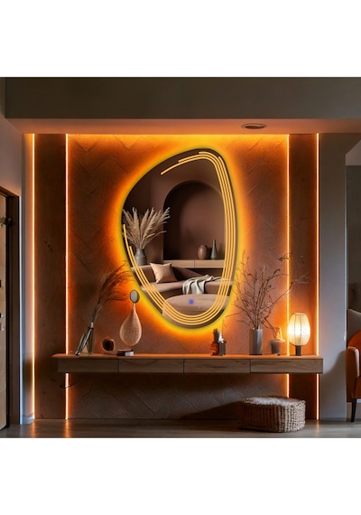 Fractura Asimetrik Led'li Kumlamalı Lavabo & Banyo Aynası Dokunmatik Sensörlü 90 X 60 Turuncu