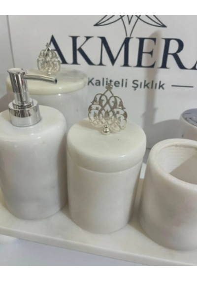 Osmanlı Motifli Dikdörgen Tepsi 6 Parça Banyo Seti Beyaz