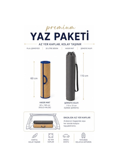 Plaj Yaz Paketi, Şemsiye+hasır Mat+bidon+kılıf Bej