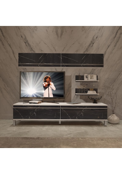 Decoraktiv Eko 5 Mdf Std Krom Ayaklı Tv Ünitesi Tv Sehpası Beyaz - Siyah Mermer