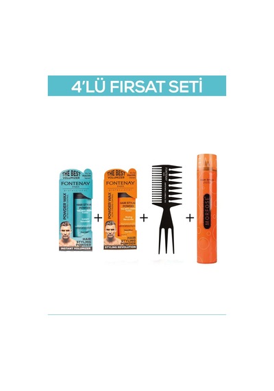 Fontenay Saç Şekillendirici Pudra Toz Wax Mat Effect Ve Ultra Strong 20gr + Şekil Tarak'ı 2 + Saç Spreyi  400ML 4'lü Set