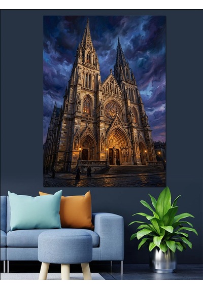 Gece Işıklarında Gotik Katedral Mimarisi Dekoratif Kanvas - Mdf Ahşap Tablo