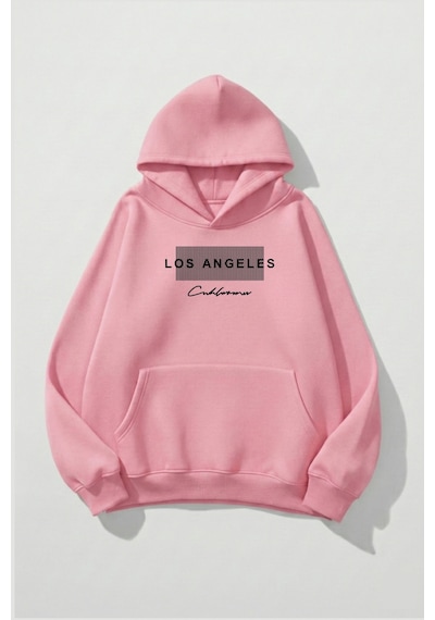 Uyguntarz Unisex Yumuşak Dokulu Los Angeles & California Baskılı Tasarım Oversize 3 İplik Hoodie Sweatshirt Pembe