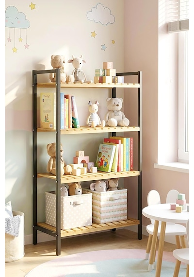 Exent, Çocuk Odası Kitaplığı Ahşap Ham Verniksiz Doğal Kitaplık 4 Raflı Ahşap Kitaplık Ahşap