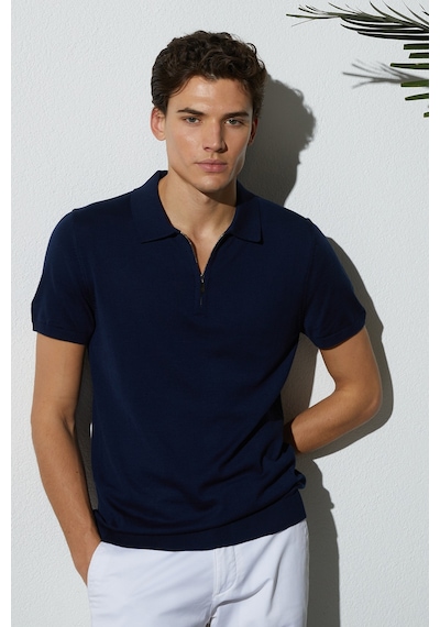 Tudors Erkek Slim Fit Dar Kesim Pamuklu Örme Triko Fermuarlı Lacivert Polo Yaka Tişört-46228