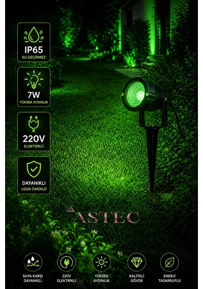 Astec 7w Yeşil Bahçe Aydınlatma Spotu Ip65 Su Geçirmez 220v Elektrikli Dış Mekan Çim Kazık